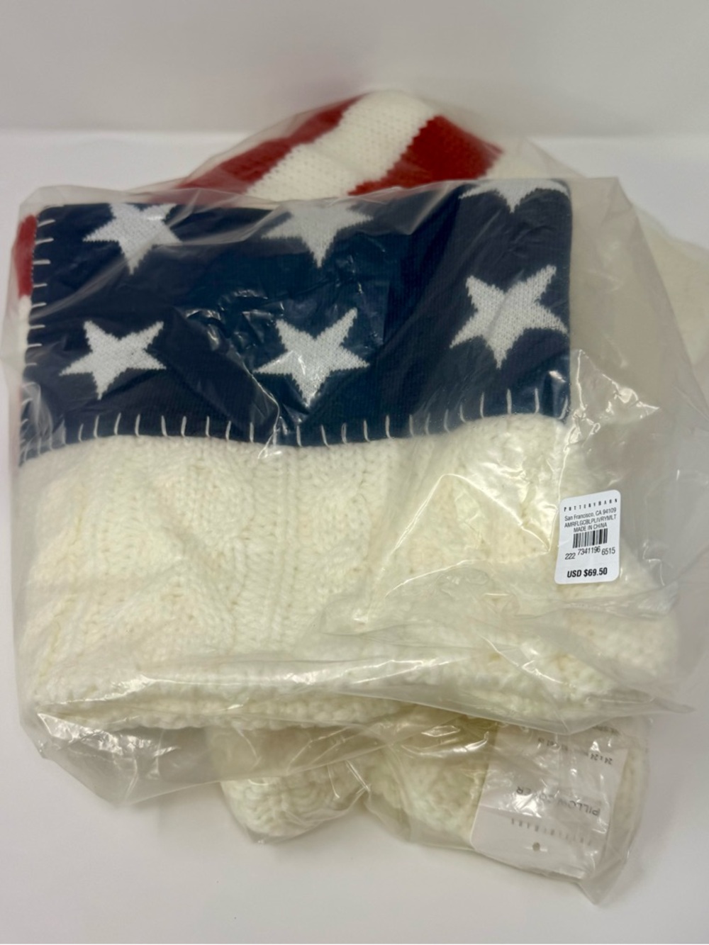 Pottery Barn American Flag Cable Knit Pillow Cover, 24" Square NEW, July 4th - Picture 5 of 5